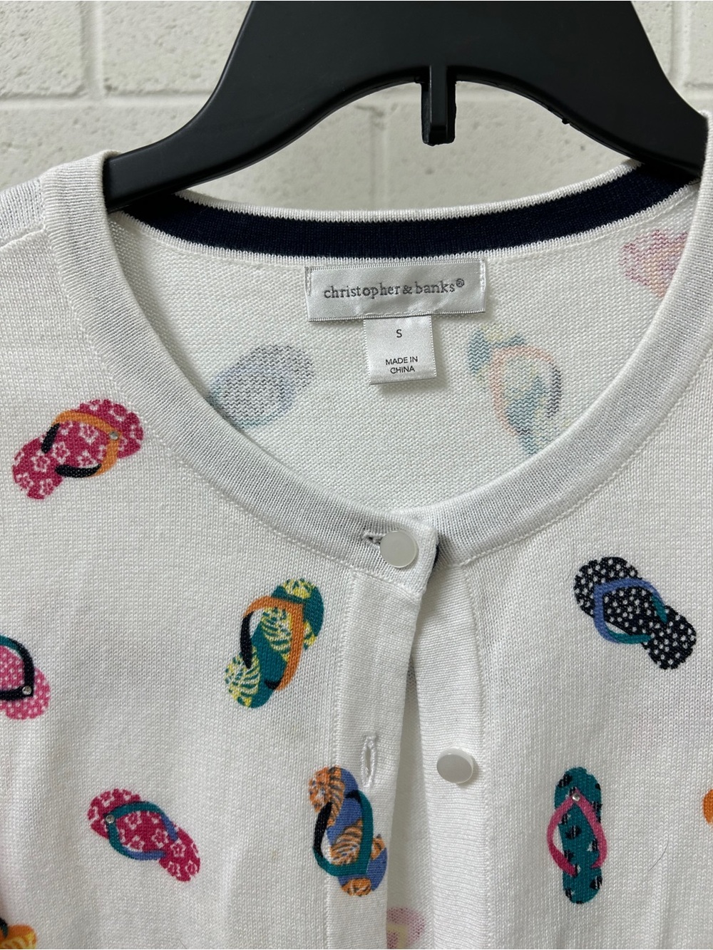 Christopher & Banks White Button-Front Top with Multicolor Flip-Flop Print